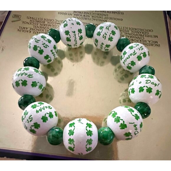 Happy St Patricks Day Shamrock Wood Beaded Stretch Bracelet Marbled Acce… - Picture 10 of 12